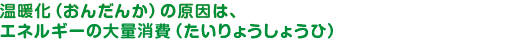 温暖化（おんだんか）の原因は、エネルギーの大量消費（たいりょうしょうひ）